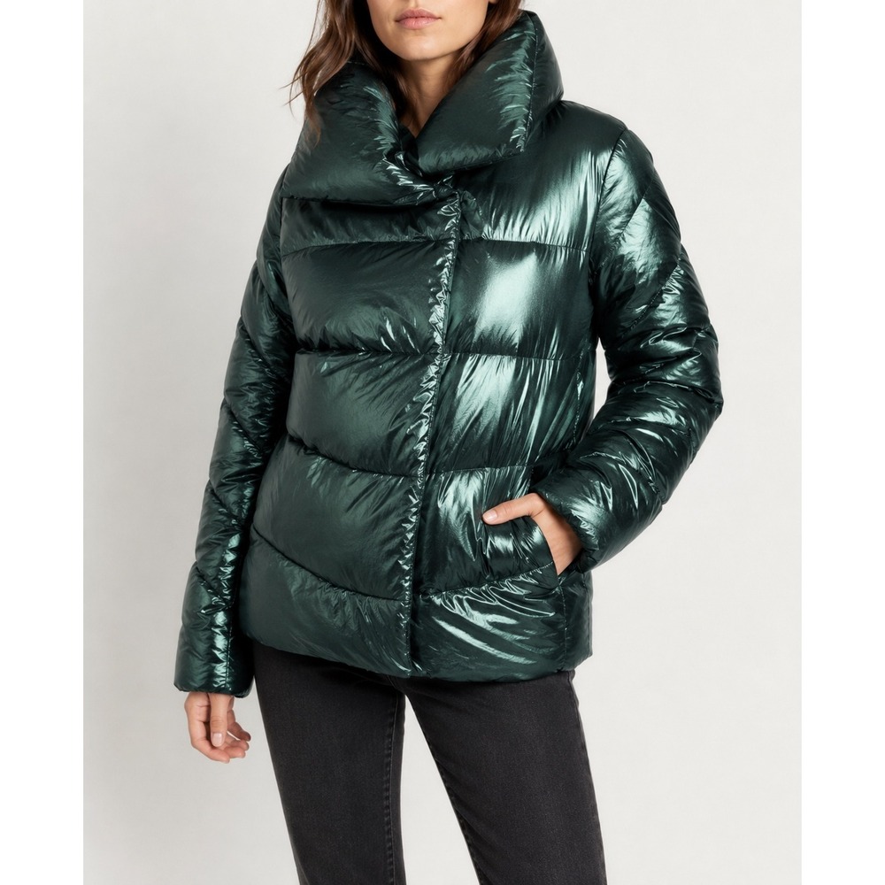 Rachel Parcell Women's M Green Metallic Puffer Jacket Oversized Collar
